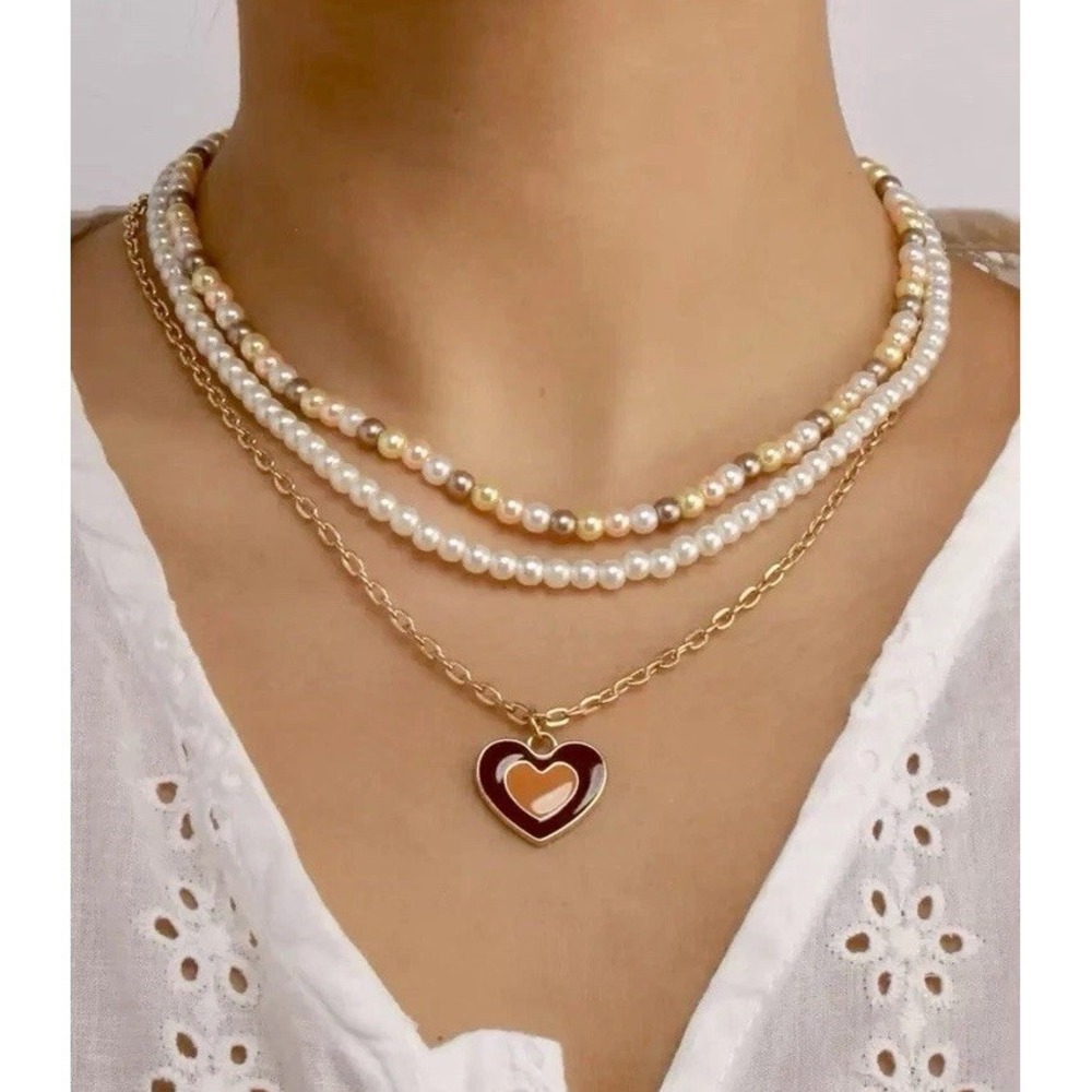 Beaded Layered Necklace Brown Heart Choker‎  Fashion Jewelry Dainty Boho Hippie